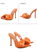 2025 Silk Butterfly Knot Women PVC Slippers Mule 11cm High Heels Slippers Luxury Sandals Pointed Toe Strappy Slides Party Shoes
