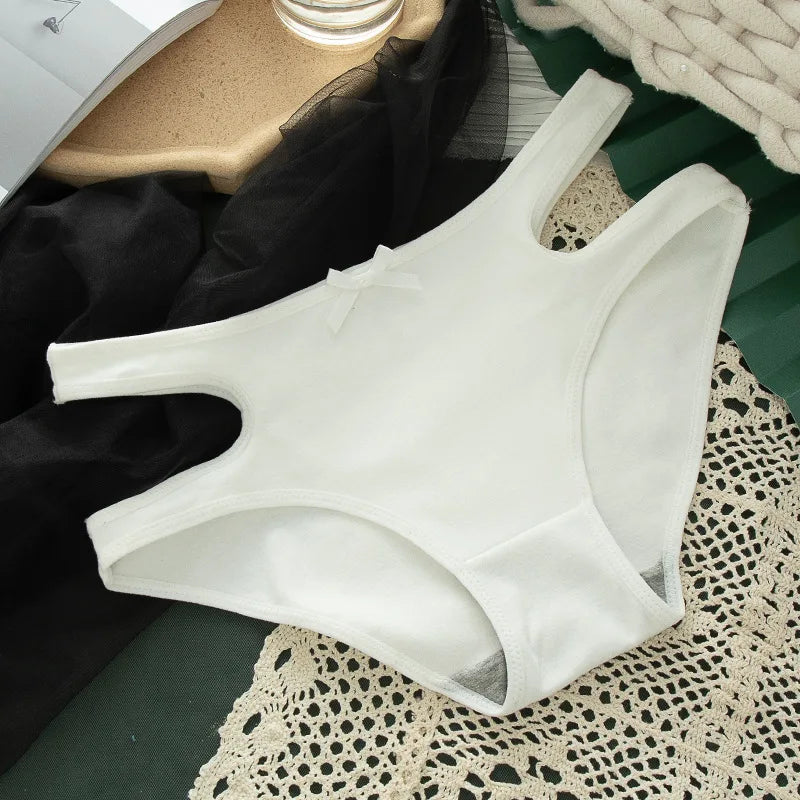 Women's High Waist Cut out Panties Hollow out Solid Color Bow Cotton Crotch Briefs Ladies Cotton Lingerie Underwear