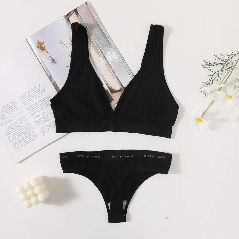 Women Seamless Bra And Panties Set Sexy Ribbed Bra Top Low Waist Thongs Wire-free Brassiere No Pads Comfort Intimates M-XL