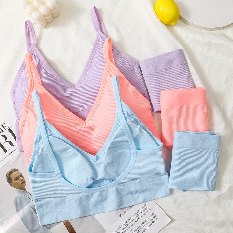 Women Bra And Panty Set Low Back Bra High Waist Briefs Female Sexy Lingerie Set Wire Free Brassiere Seamless Underwear Crop Top