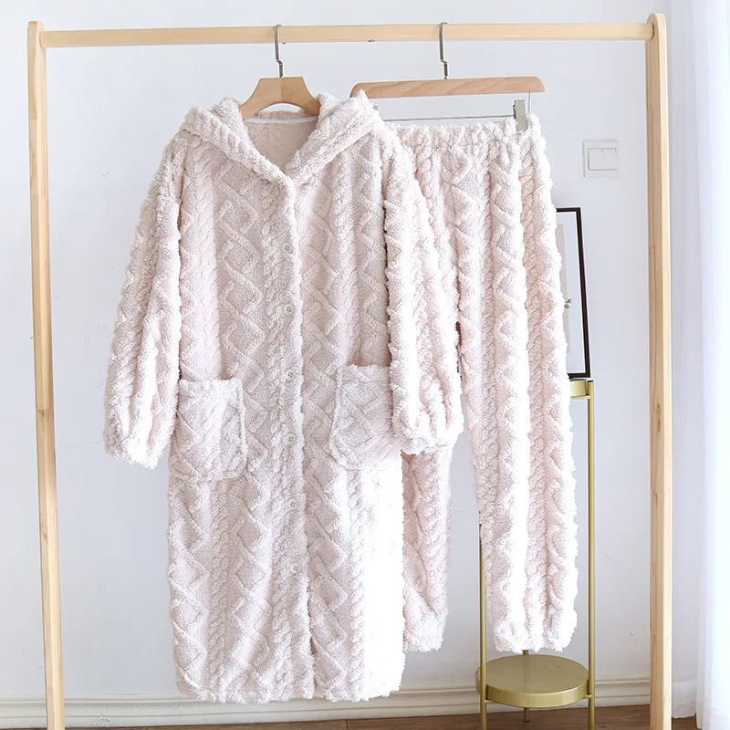 Winter Couple Flannel Pajamas Set Long Thickened Suit with Long-Sleeved Hooded Tops And Pants for Men /Women Home Comfort Wear
