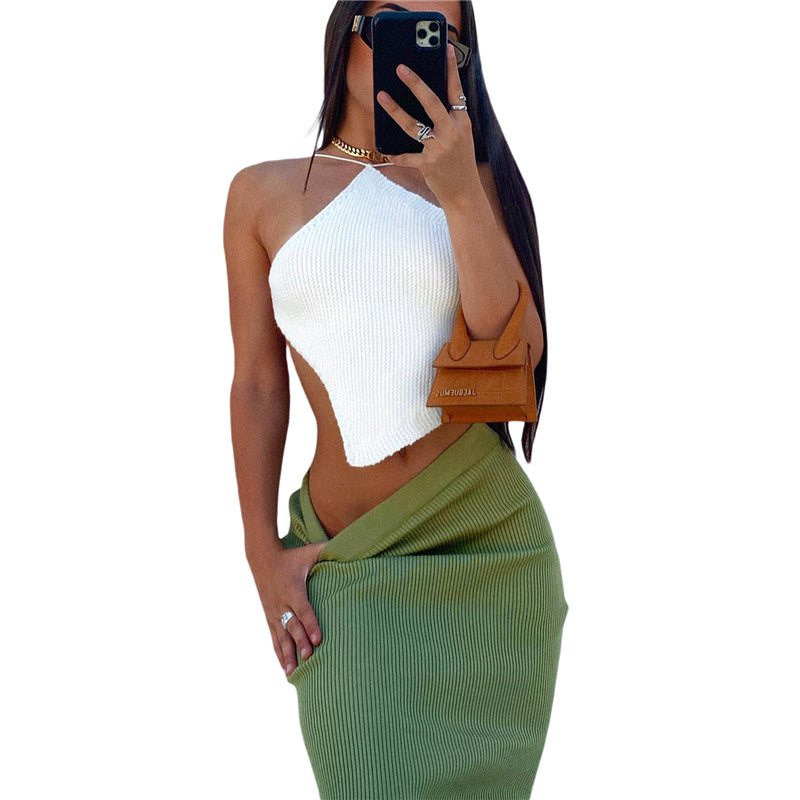 Summer Ladies Sexy Backless Chest Wrap Women Solid Color Hanging Neck Lace-Up Sleeveless Knitted Camisole Irregular Hem Top