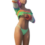 Women Summer Crop Tops Splicing Crochet Square Neck Long Sleeves Knitted T-shirt Tops 2021 Streetwear for Girls Green
