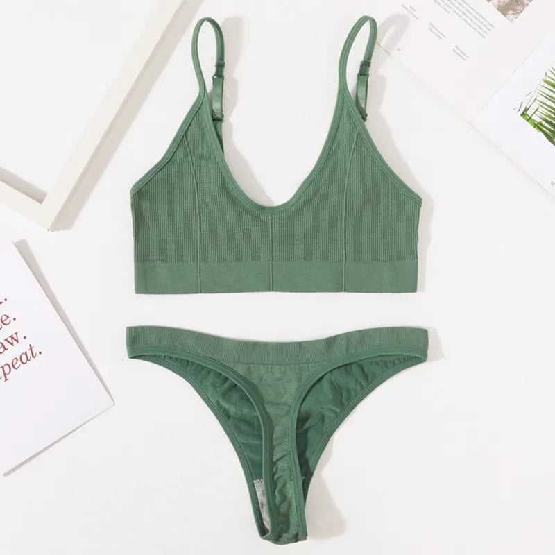 Women Seamless Bra And Panties Set Low Rise Thongs U-Shape Back Crop Top Bralette Comfort Sport Underwear Sexy Lingerie Set