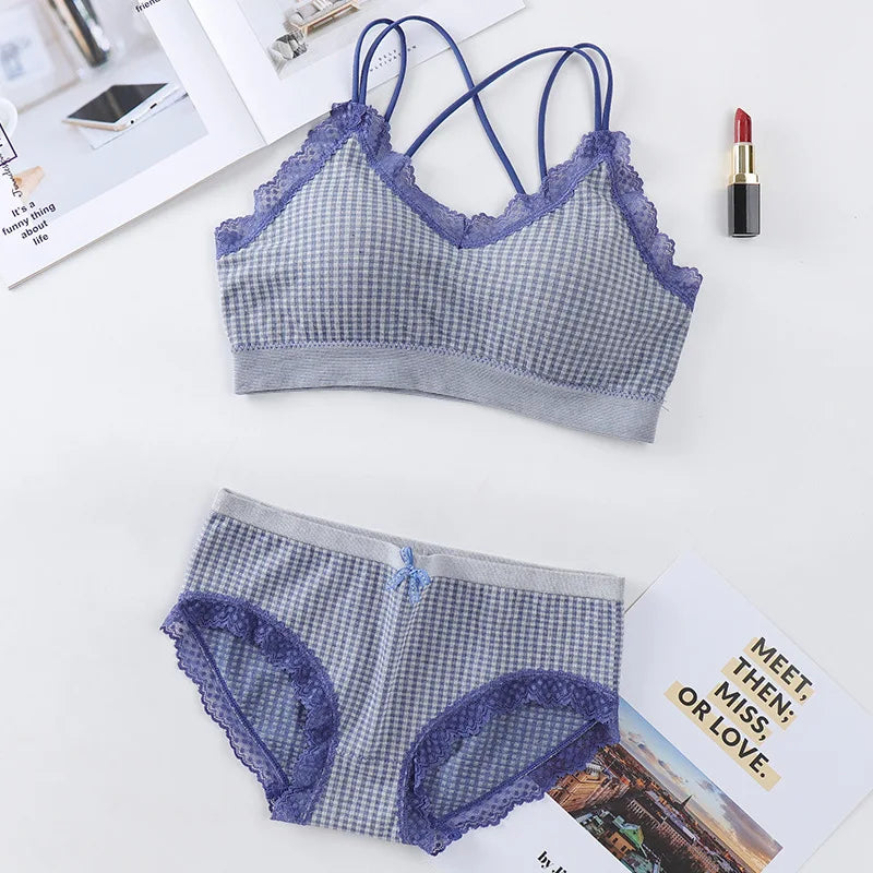 Gingham Lace Trim Bralette & Panty Set Push-Up Bra Plaid Lace Trim Lingerie Set Cross-Back Wireless Women's Underwear Set