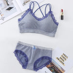 Gingham Lace Trim Bralette & Panty Set Push-Up Bra Plaid Lace Trim Lingerie Set Cross-Back Wireless Women's Underwear Set