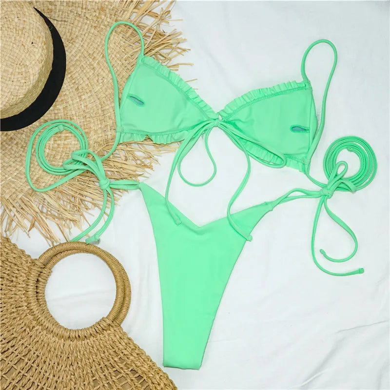 Sexy Printed Ruffled Frilled Thong Bikini Women Swimwear Female Swimsuit Two Pieces Bikini set Micro String Bathing Suit Swim