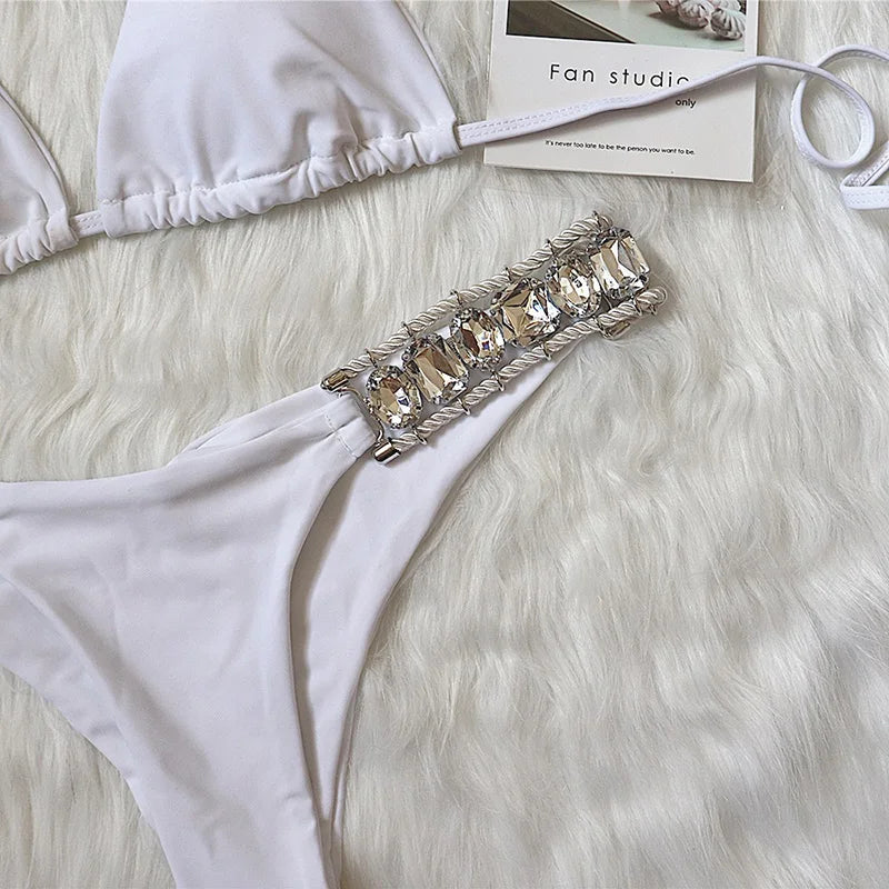 Halter Shiny Crystal Diamond Bikini Women Bandage Swimsuit Female Swimwear Rhinestone Bikini set Brazilian Bathing Suit Swim
