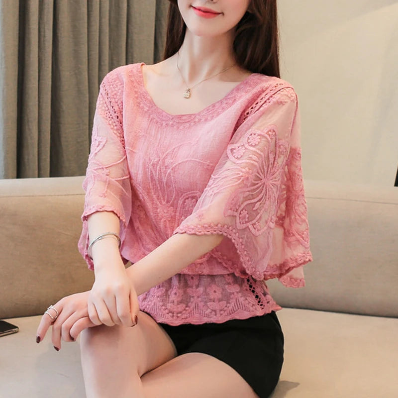 Summer Loose Lace Blouse Women 2025 Butterfly Sleeve Chiffon Shirt Woman Fashion Casual Floral White Shirt Tops Blusas 4073