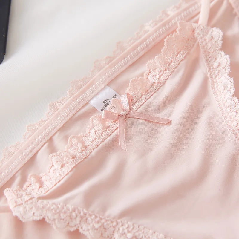 3Pcs/Set Sexy Women Brazilian Panties Ice Silk Briefs Female Underpants Seamless Underwear Lace Trims Low Rise Briefs M-XL
