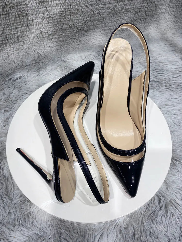 transparent PVC women's high heels, 12cm 10cm 8cm thin heels, no shoelaces, toe, Party disco shoes, black, size 33-45