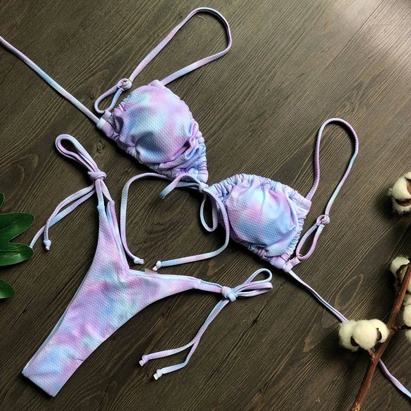 Sexy Printed Ruffled Frilled Thong Bikini Women Swimwear Female Swimsuit Two Pieces Bikini set Micro String Bathing Suit Swim