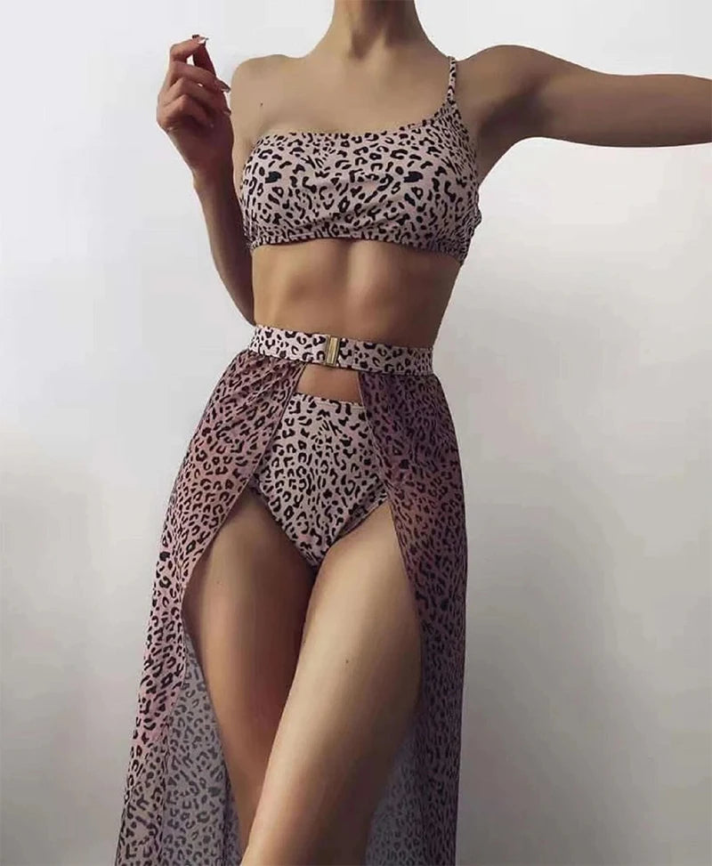 New One shoulder Bikini 2025 Female Swimsuit Women Swimwear Three-pieces Bikini set Mesh Long Skirt Beach wear Bathing Suit Swim