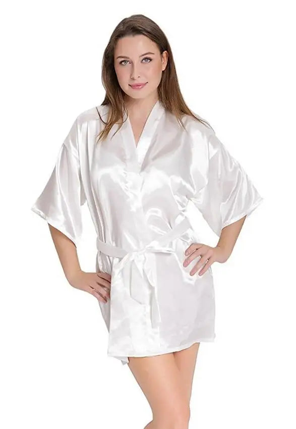 Sexy Silk Satin Night Kimono Robe Short Bathrobe Perfect Wedding Bridesmaid Bride Robes Solid Dressing Gown For Women