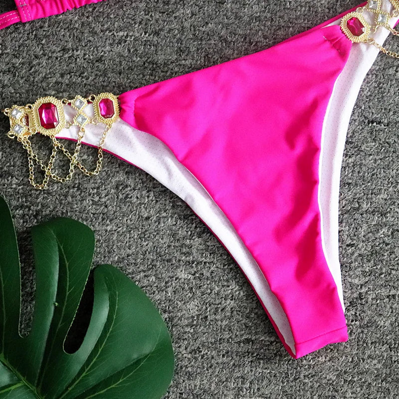 Halter Rhinestone Diamond Bikini Women Swimsuit Female Bikinis Metal Chain Swimwear Two Pieces Bikini Set Bathing Suit Swim Lady