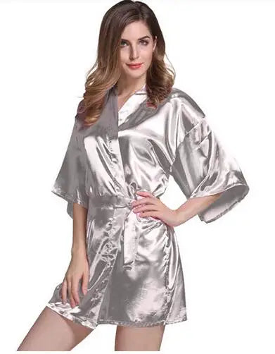 Sexy Silk Satin Night Kimono Robe Short Bathrobe Perfect Wedding Bridesmaid Bride Robes Solid Dressing Gown For Women