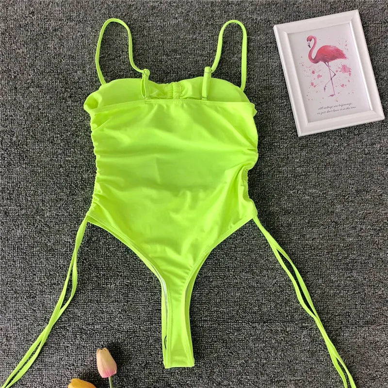 Splicing High Cut Out One Piece Swimsuit Women Tassel Swimwear Female Sexy Bathing Suit String Leopard Bikini 2025 Monokini Lady