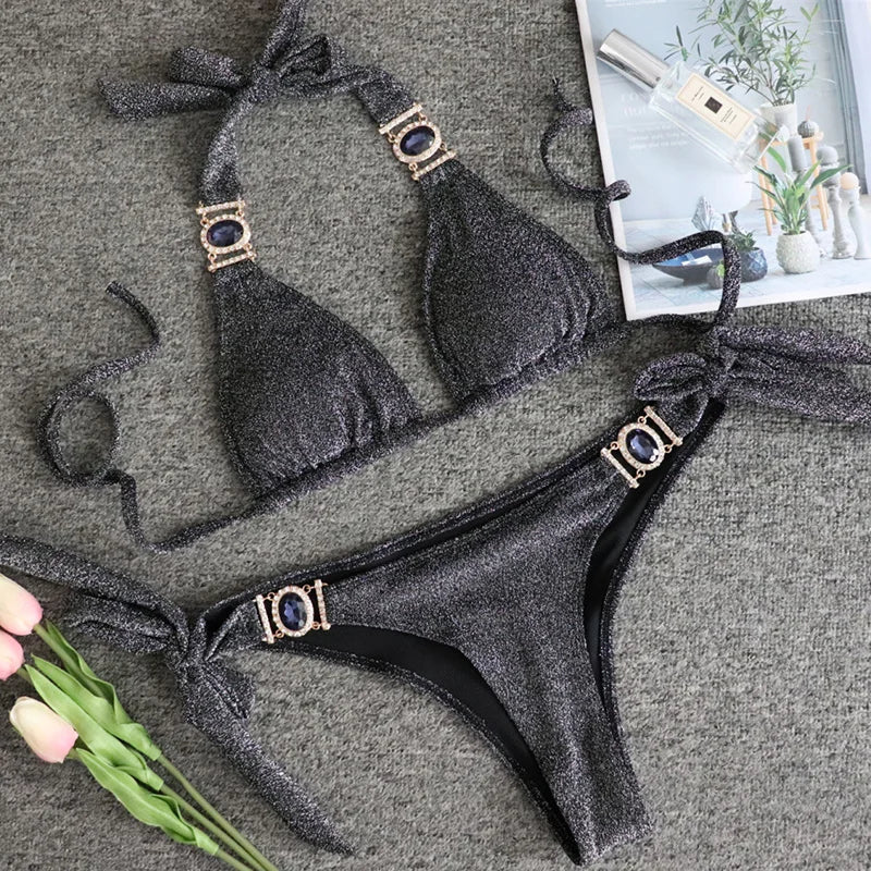 Halter Rhinestone Diamond Bikini Women Swimsuit Female Bikinis Metal Chain Swimwear Two Pieces Bikini Set Bathing Suit Swim Lady