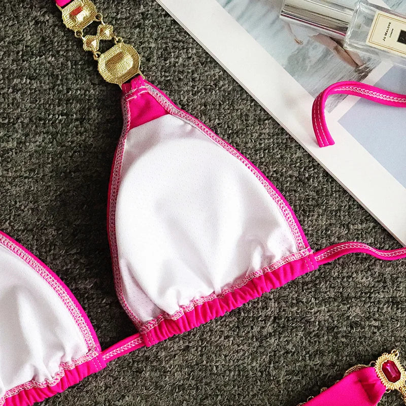 Halter Rhinestone Diamond Bikini Women Swimsuit Female Bikinis Metal Chain Swimwear Two Pieces Bikini Set Bathing Suit Swim Lady