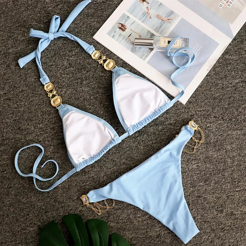 Halter Metal Chains Rhinestone Diamond Bikini Women Swimsuit Female Swimwear Two Pieces Bikini set Brazilian Bathing Suit Swim