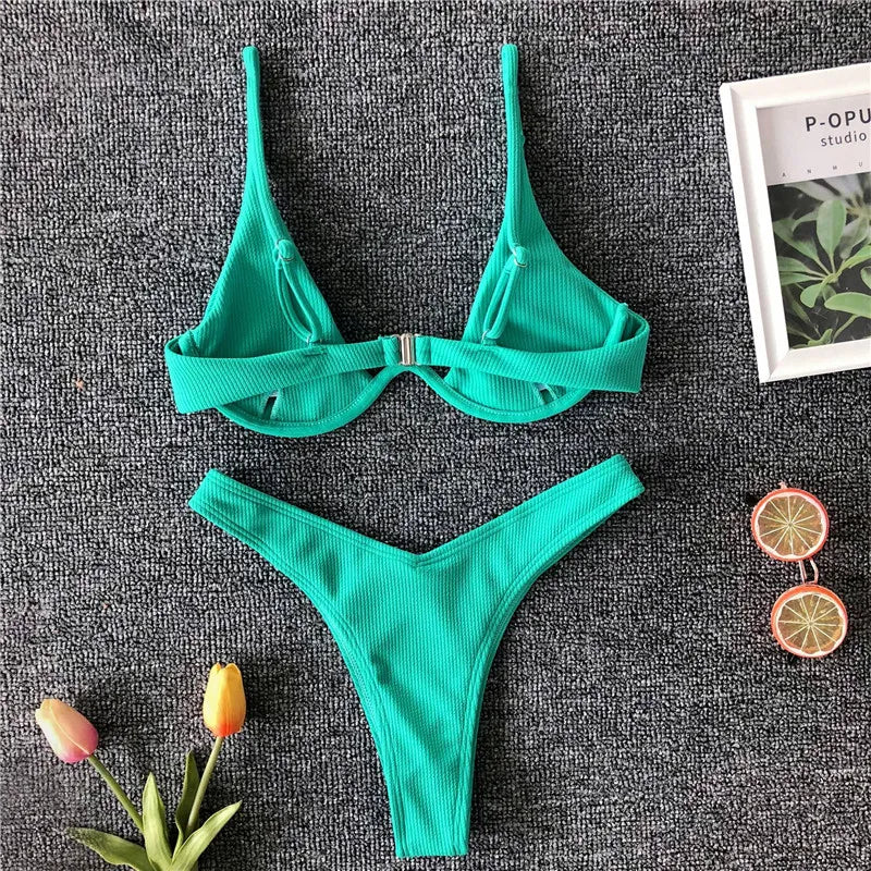 High Cut V-bar Underwired Bikini Women Swimsuit Female Micro Thong Swimwear Two-pieces Bikini Set Push Up Bathing Suit Swim Lady