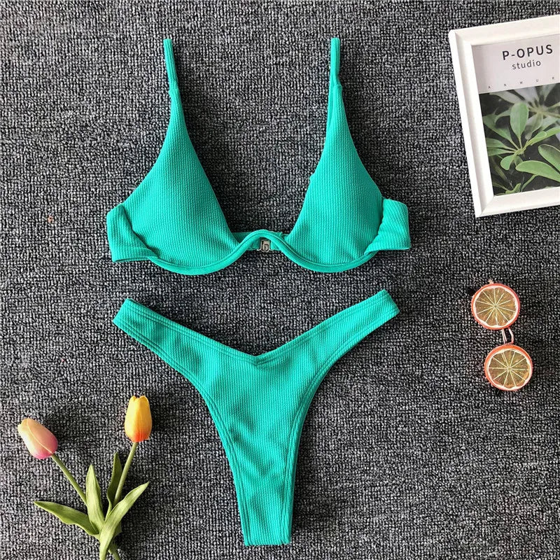 High Cut V-bar Underwired Bikini Women Swimsuit Female Micro Thong Swimwear Two-pieces Bikini Set Push Up Bathing Suit Swim Lady