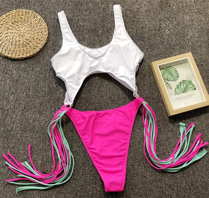 Splicing High Cut Out One Piece Swimsuit Women Tassel Swimwear Female Sexy Bathing Suit String Leopard Bikini 2025 Monokini Lady