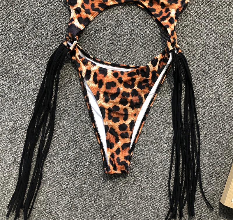 Splicing High Cut Out One Piece Swimsuit Women Tassel Swimwear Female Sexy Bathing Suit String Leopard Bikini 2025 Monokini Lady