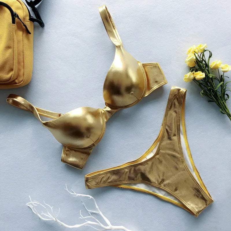Shiny PU Faux Leather Bikini 2025 Push Up Swimsuit Women Swimwear Female Two-pieces Bikini set Bra Cup Bather Bathing Suit Swim