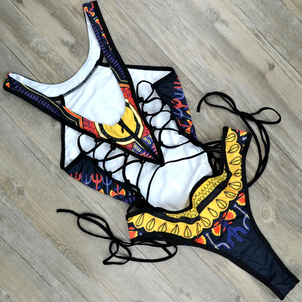 2025 African Dashiki Print One Piece Swimsuit Women High leg cut Swimwear Female Trikini Thong Monokini Brazilian Bathing Suit