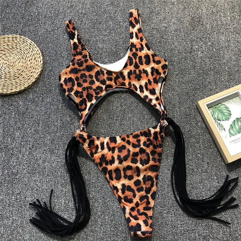 Sexy Splicing Tummy Cut Out Female Swimwear One Piece Swimsuit Women Tassel Monokini Bather String Bathing Suit Swim Bodysuit