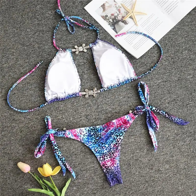 Leopard Diamond Bikini 2026 Women Hollow out Swimsuit Female Swimwear Two Pieces Bikini Set Halter Bather Bathing Suit Swim Lady