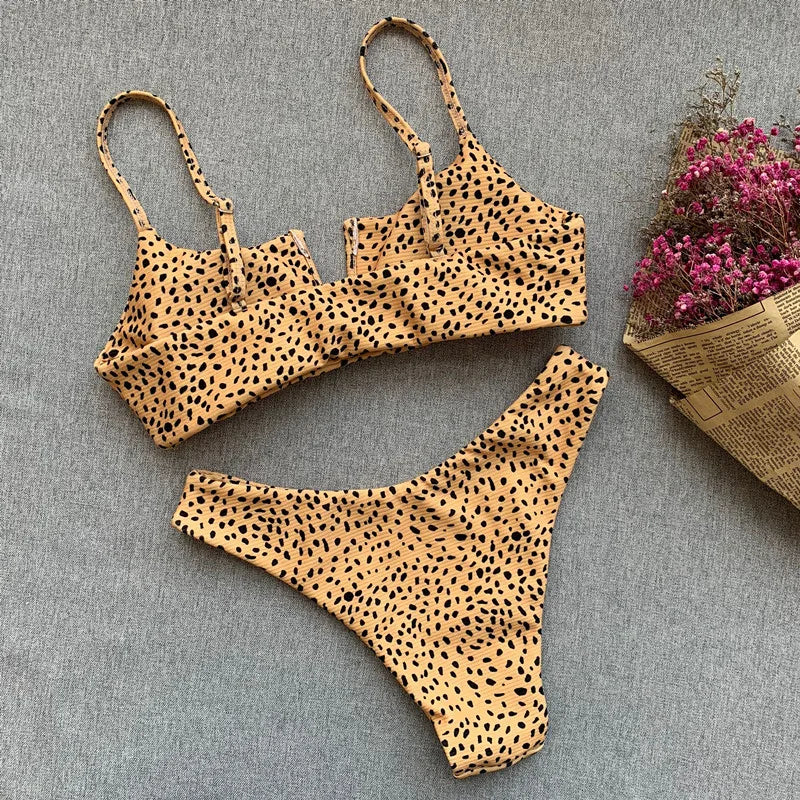 Ribbed Polka Dot Bikinis V-Bar Underwired Bikini Women Swimwear Female Swimsuit Two Pieces Bikini Set High Cut Bathing Suit Swim