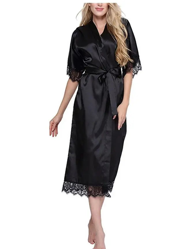 High Quality Black Women Silk Rayon Robe Sexy Long Lingerie Sleepwear Kimono Yukata Nightgown Plus Size S M L XL XXL XXXL A-050