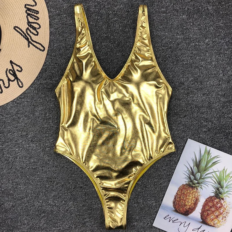 Sexy Shiny PU Leather Bikini Women 2025 Bikinis Bling Swimwear One Piece Swimsuit Female Monokini Bather Bathing Suit Swim Lady