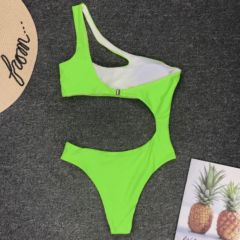 2025 Sexy One shoulder Female Swimwear One piece swimsuit Women Monokini Bather Trikini High cut Out Bathing suit Swim Bodysuit