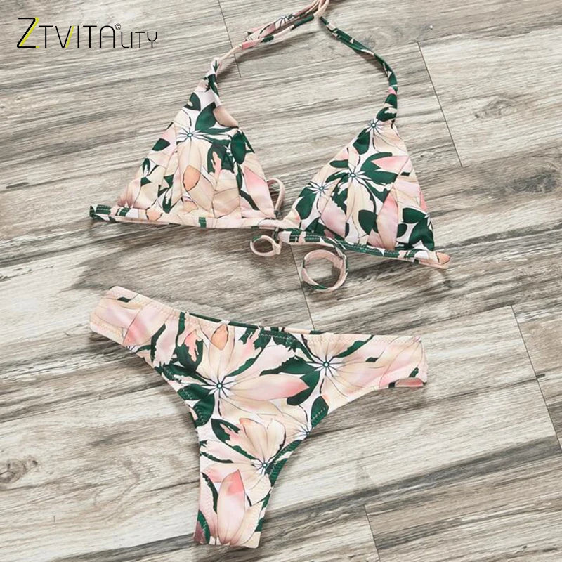 ZTVitality Sexy Swimsuit Female Bikini 2019 New Arrival Beach Leaf Print Patchwork Low Waist Swimwear Women Brazilian Biquini