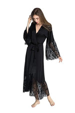 Summer Lace Patchwork Satin Kimono Robe Sexy Sleepwear Lingerie Chemises Women Silk Long Nightgown Wedding bridesmaid Robes