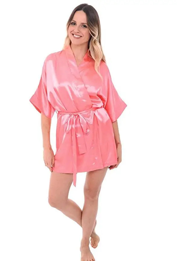 Sexy Silk Satin Night Kimono Robe Short Bathrobe Perfect Wedding Bridesmaid Bride Robes Solid Dressing Gown For Women