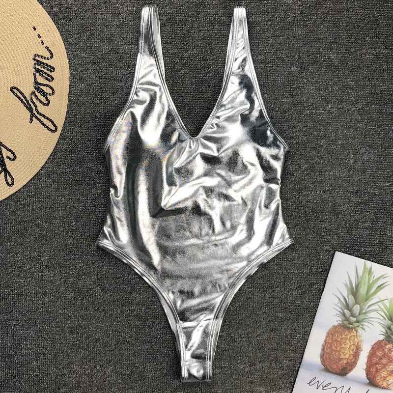 Sexy Shiny PU Leather Bikini Women 2025 Bikinis Bling Swimwear One Piece Swimsuit Female Monokini Bather Bathing Suit Swim Lady