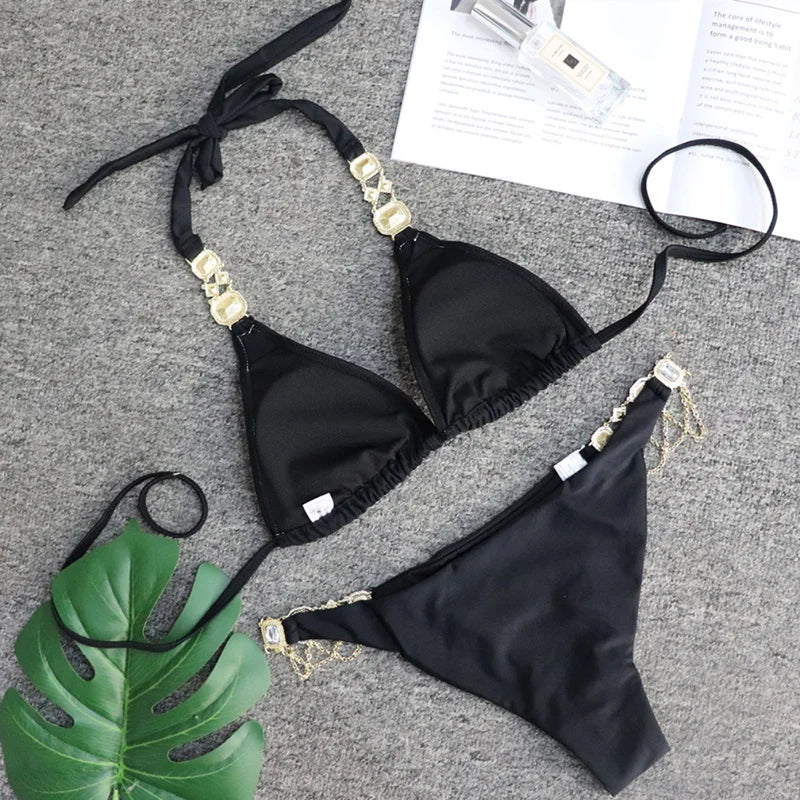Halter Metal Chains Rhinestone Diamond Bikini Women Swimsuit Female Swimwear Two Pieces Bikini set Brazilian Bathing Suit Swim