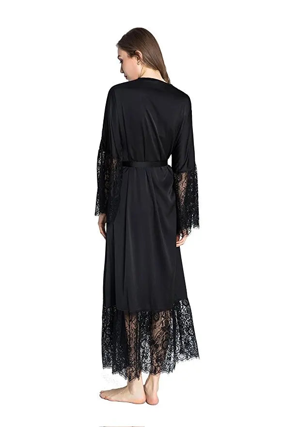 Summer Lace Patchwork Satin Kimono Robe Sexy Sleepwear Lingerie Chemises Women Silk Long Nightgown Wedding bridesmaid Robes