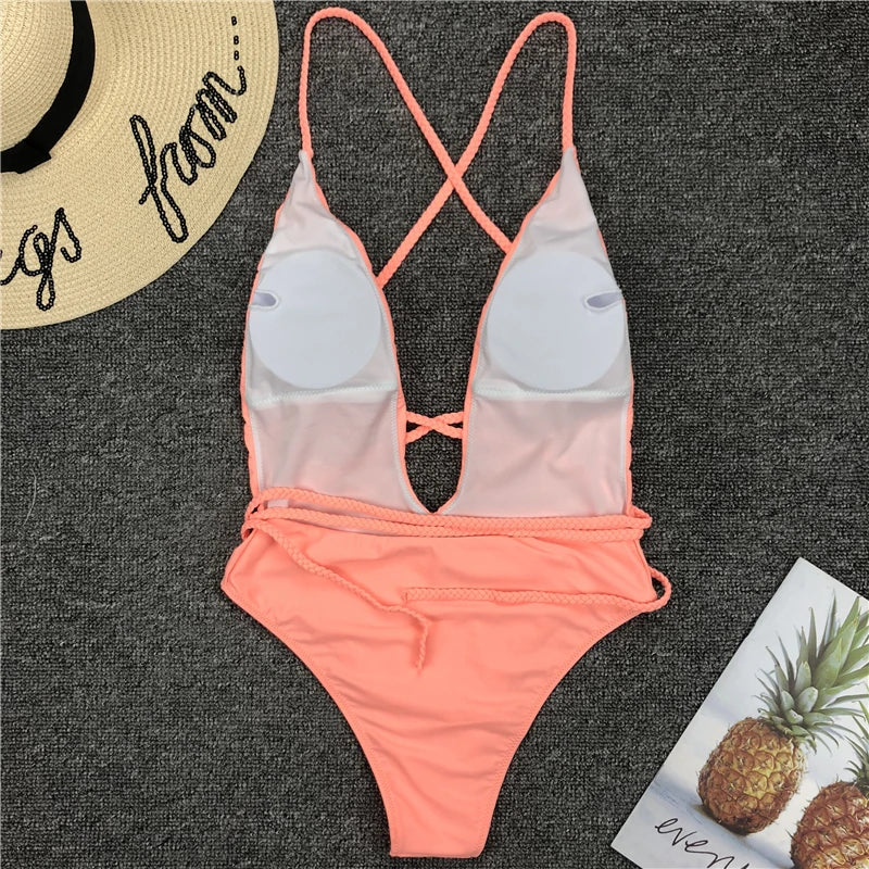New 2025 Sexy Deep V Neck Wrap Around Female Swimwear One Piece Swimsuit Women Backless Monokini High Cut Bathing Suit Swim Lady