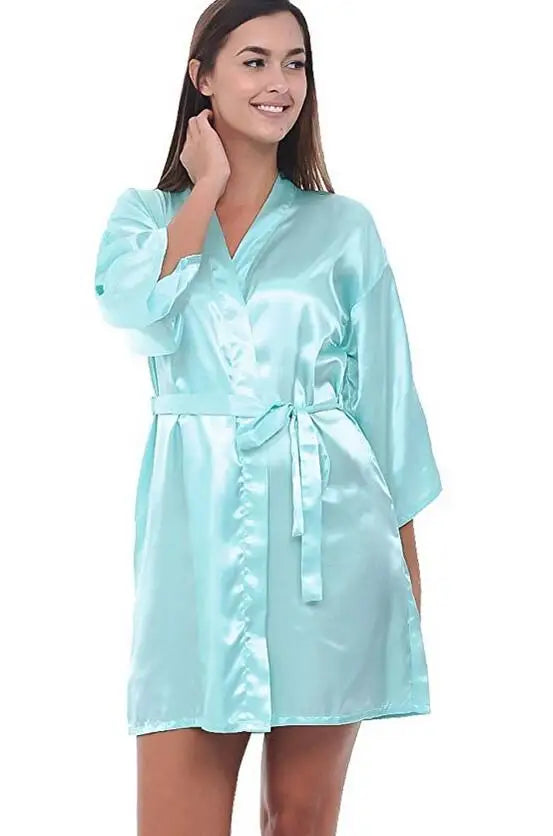 Sexy Silk Satin Night Kimono Robe Short Bathrobe Perfect Wedding Bridesmaid Bride Robes Solid Dressing Gown For Women