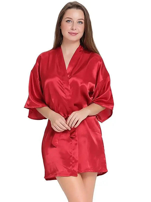 Sexy Silk Satin Night Kimono Robe Short Bathrobe Perfect Wedding Bridesmaid Bride Robes Solid Dressing Gown For Women