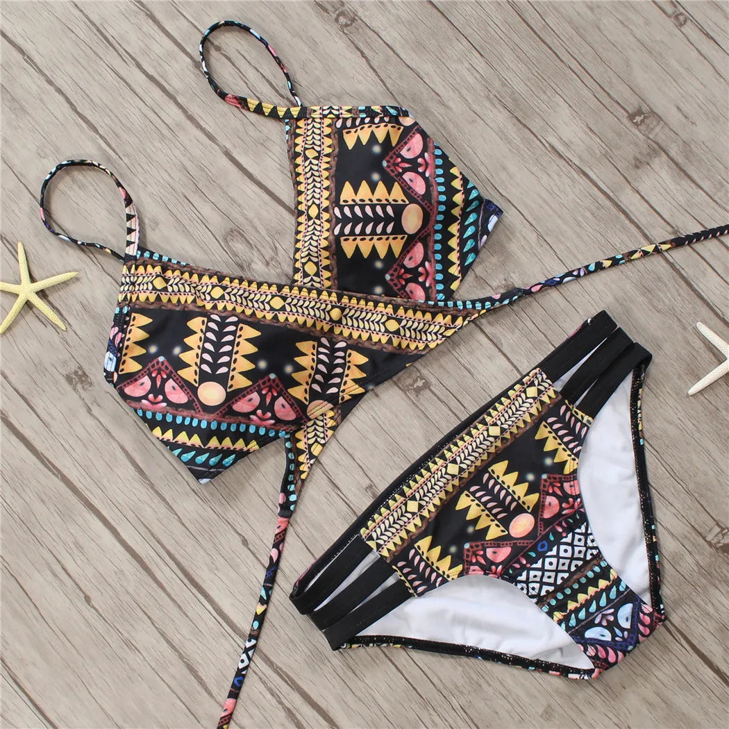 2022 Sexy Bandage Aztec Biquini String Strappy Swim Wear Bathing Suit Swimsuit Beachwear Swimwear Women Brazilian Bikini