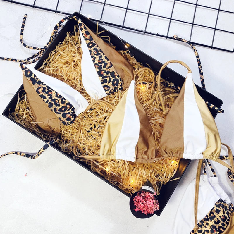 Zebra Print Halter micro Bikini 2025 women Bandeau String Swimsuit Female swimwear Neon Shiny bikini set Leopard Bathing Suit