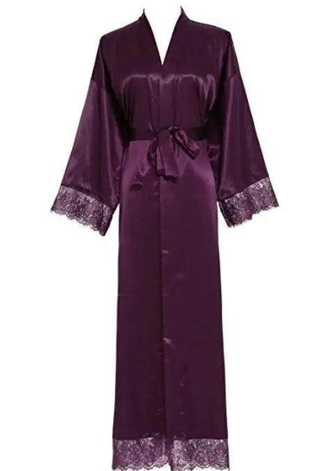 Summer Lace Patchwork Satin Kimono Robe Sexy Sleepwear Lingerie Chemises Women Silk Long Nightgown Wedding bridesmaid Robes