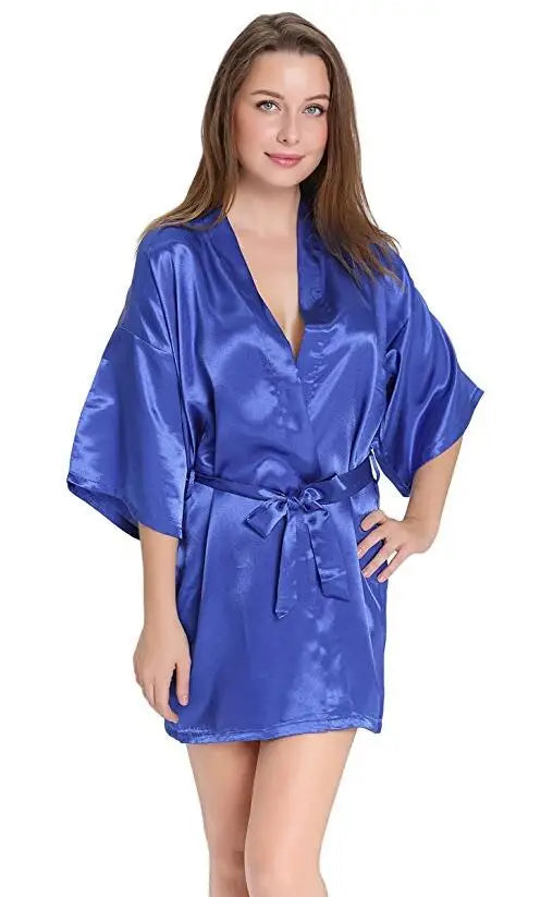 Sexy Silk Satin Night Kimono Robe Short Bathrobe Perfect Wedding Bridesmaid Bride Robes Solid Dressing Gown For Women
