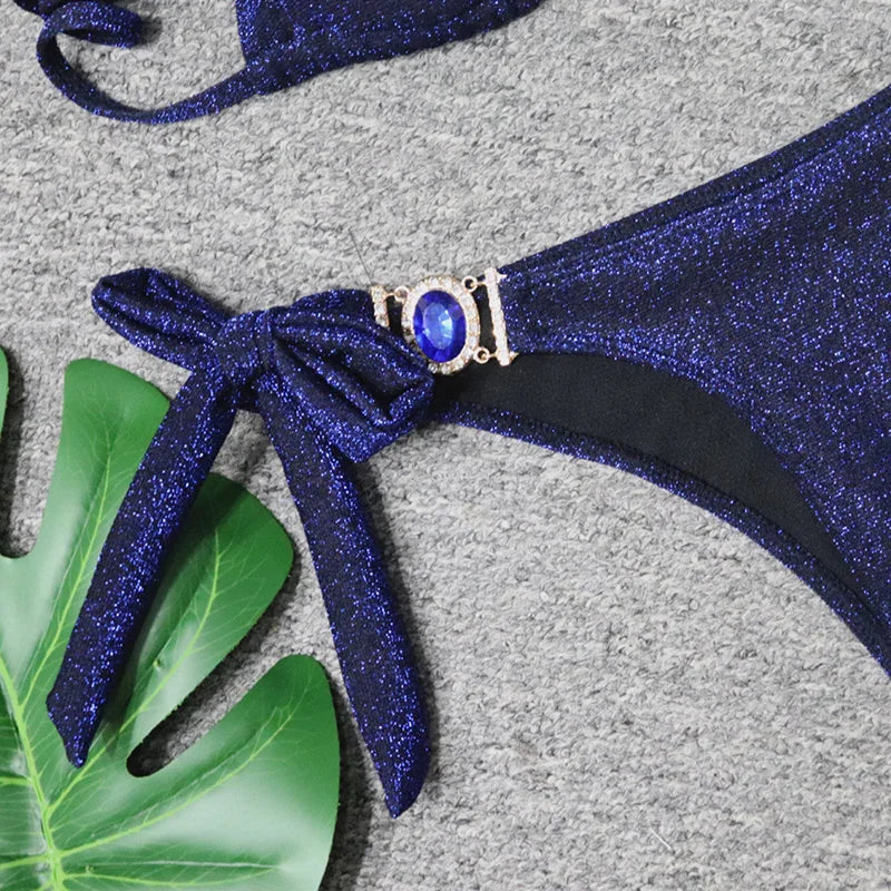 Halter Rhinestone Diamond Bikini Women Swimsuit Female Bikinis Metal Chain Swimwear Two Pieces Bikini Set Bathing Suit Swim Lady